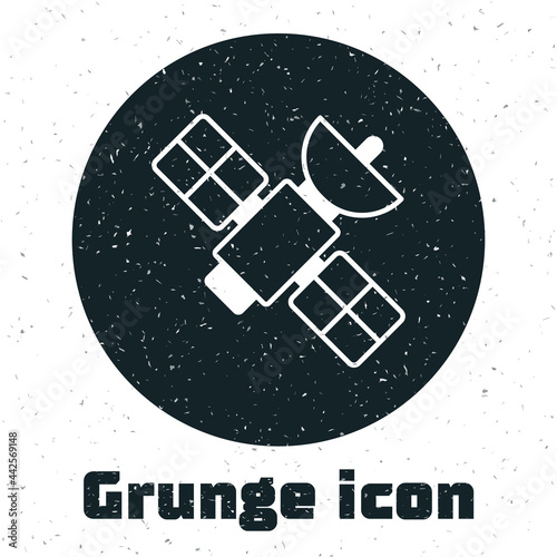 Grunge Satellite icon isolated on white background. Monochrome vintage drawing. Vector
