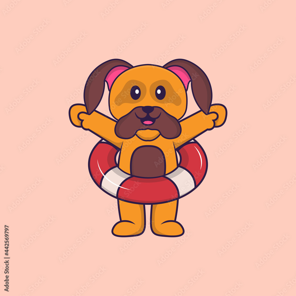 Cute dog using a float. Animal cartoon concept isolated. Can used for tshirt, greeting card