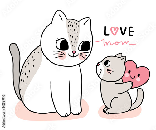Cartoon cute mom and baby cats and big heart vector.