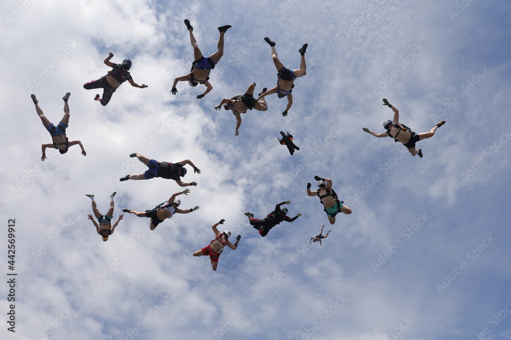 Skydiving. Half-naked skydivers are falling in the sky.