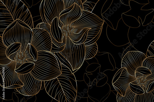 Gold magnolia flower line art, luxury wallpaper and invitation card