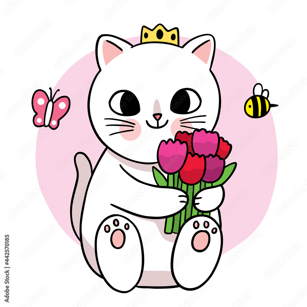 Cartoon cute white cat and flower and butterfly and bee vector. Cartoon cute white cat and flower and butterfly and bee vector.