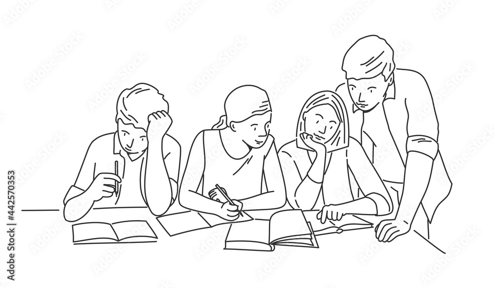 Group of student doing homework at the table, prepare for exams. Group of student doing homework at the table, prepare for exams.