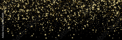 Gold glitter confetti on a black background. Shiny particles scattered, sand. Decorative element. Luxury background for your design, cards, invitations, vector