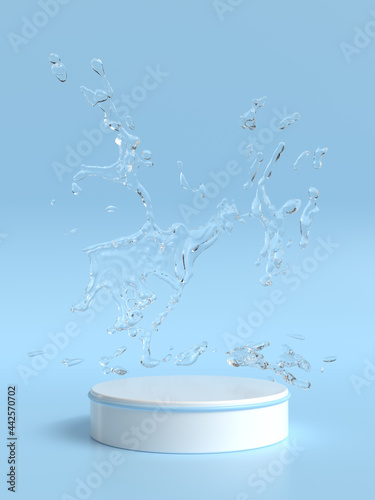 blue background image There is a shelf for products. and the water scattered around the 3D scene.
