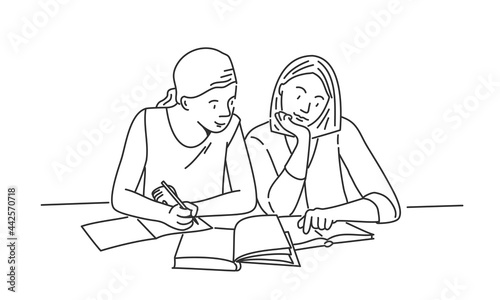 Two female students prepare for exams, studying process concept.