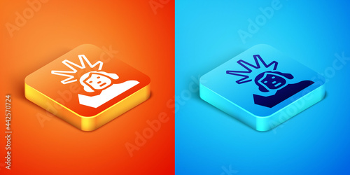 Isometric Statue of Liberty icon isolated on orange and blue background. New York, USA. Vector