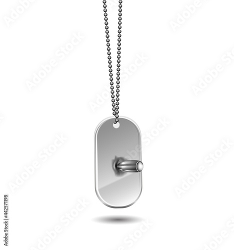 Metal tag with a bullet hanging on a chain isolated on white background. The bullet hit the tag.