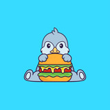 Cute bird eating burger. Animal cartoon concept isolated. Can used for t-shirt, greeting card, invitation card or mascot. Flat Cartoon Style
