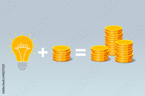Light bulb and stacks of gold coins, concept of successful business