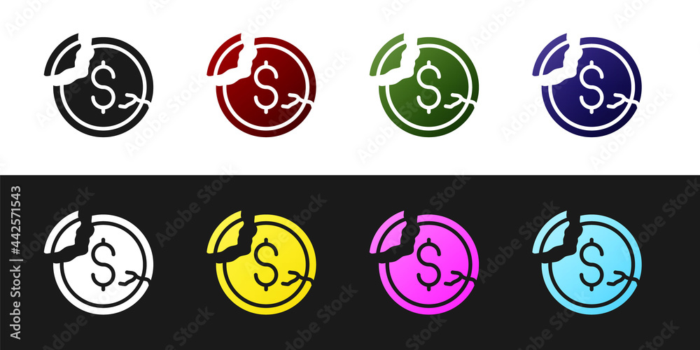 Set Dollar rate decrease icon isolated on black and white background. Cost reduction. Money symbol with down arrow. Business lost crisis decrease. Vector Set Dollar rate decrease icon isolated on black and white background. Cost reduction. Money symbol with down arrow. Business lost crisis decrease. Vector