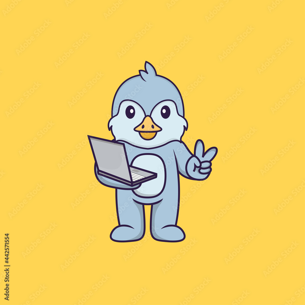 Cute bird holding laptop. Animal cartoon concept isolated. Can used for t-shirt, greeting card, invitation card or mascot. Flat Cartoon Style