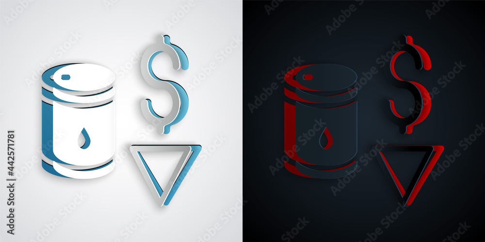 Paper cut Drop in crude oil price icon isolated on grey and black background. Oil industry crisis concept. Paper art style. Vector Paper cut Drop in crude oil price icon isolated on grey and black background. Oil industry crisis concept. Paper art style. Vector