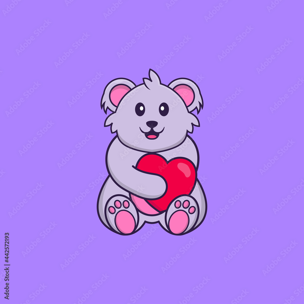 Cute koala holding a big red heart. Animal cartoon concept isolated. Can used for t-shirt, greeting card, invitation card or mascot. Flat Cartoon Style Cute koala holding a big red heart. Animal cartoon concept isolated. Can used for t-shirt, greeting card, invitation card or mascot. Flat Cartoon Style