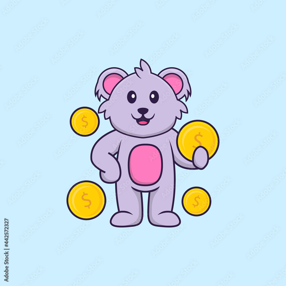 Fototapeta premium Cute koala holding coin. Animal cartoon concept isolated. Can used for t-shirt, greeting card, invitation card or mascot. Flat Cartoon Style