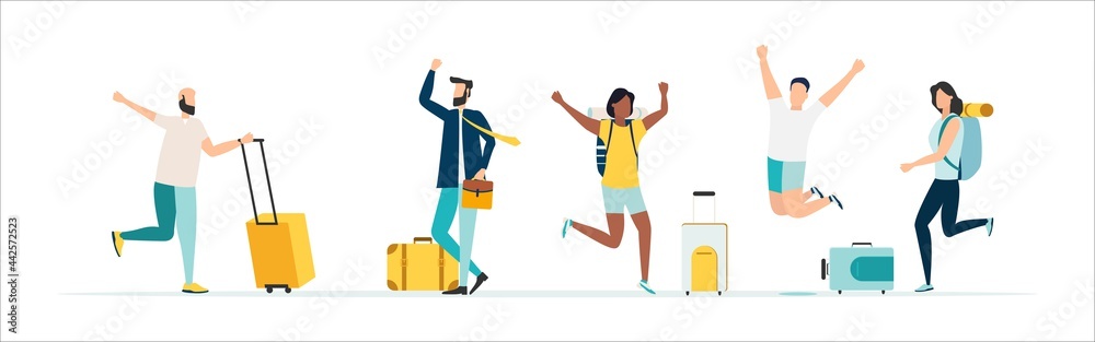 Travel. People at the airport fly on a journey. Summer rest. Happy inviting people. Vacation with friends. Vector illustration.