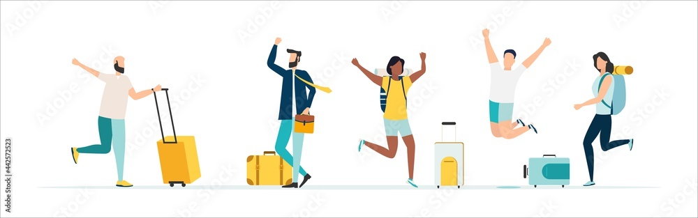 Obraz premium Travel. People at the airport fly on a journey. Summer rest. Happy inviting people. Vacation with friends. Vector illustration.