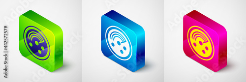 Isometric Radar with targets on monitor in searching icon isolated on grey background. Search system. Navy sonar. Square button. Vector