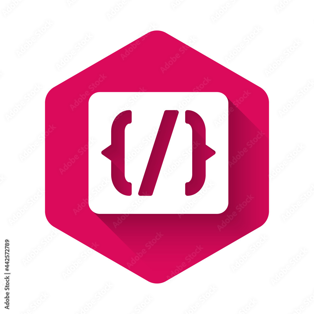 White Programming language syntax icon isolated with long shadow background. Syntax programming file system. Pink hexagon button. Vector White Programming language syntax icon isolated with long shadow background. Syntax programming file system. Pink hexagon button. Vector