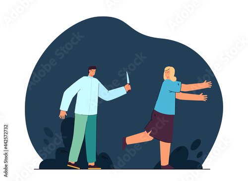 Woman running away from maniac with knife. Killer chasing victim at night flat vector illustration. Crime, murderous assault, criminal concept for banner, website design or landing web page