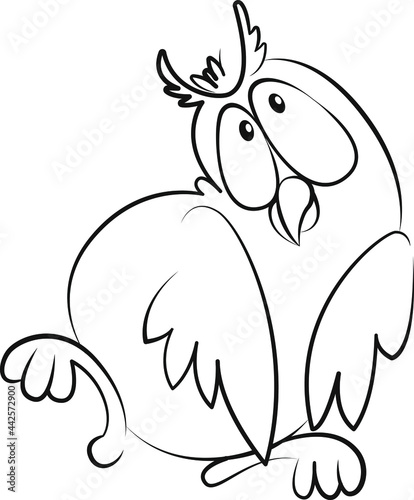 Vector owl. Cartoon funny shy dancing bird. Line art. Linear sketch . Element for design card  poster  coloring book illustration  t-shirt print