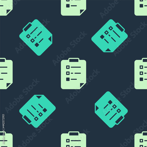 Green and beige Clipboard with checklist icon isolated seamless pattern on blue background. Control list symbol. Survey poll or questionnaire feedback form. Vector