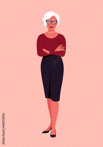 Portrait of a full-length Hispanic woman. The beautiful grandmother is standing. Vector flat illustration