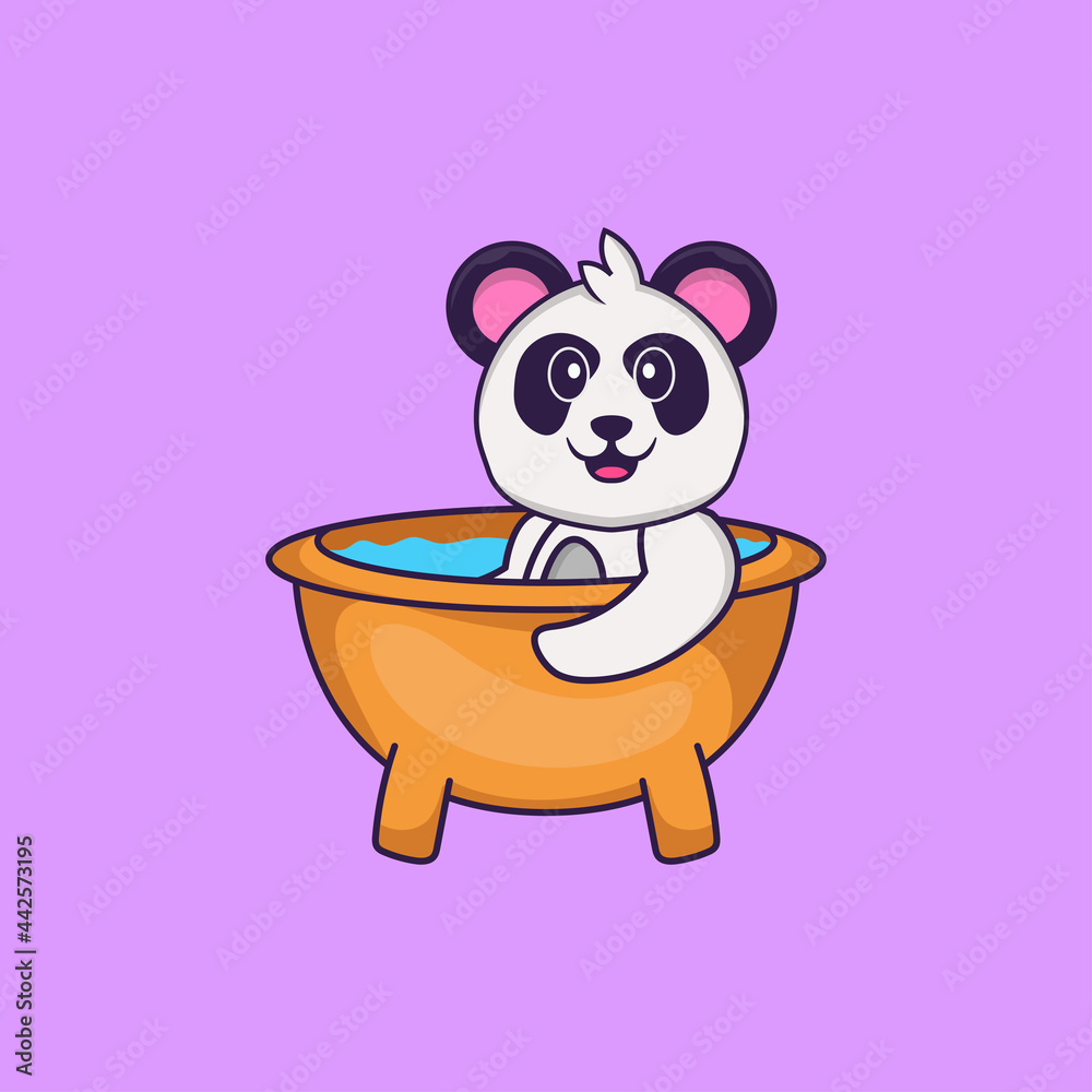 Cute Panda taking a bath in the bathtub. Animal cartoon concept isolated. Can used for t-shirt, greeting card, invitation card or mascot. Flat Cartoon Style Cute Panda taking a bath in the bathtub. Animal cartoon concept isolated. Can used for t-shirt, greeting card, invitation card or mascot. Flat Cartoon Style