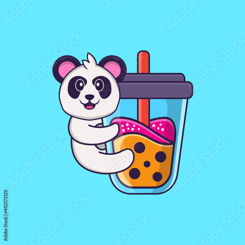 Cute Panda Drinking Boba milk tea. Animal cartoon concept isolated. Can used for t-shirt, greeting card, invitation card or mascot. Flat Cartoon Style
