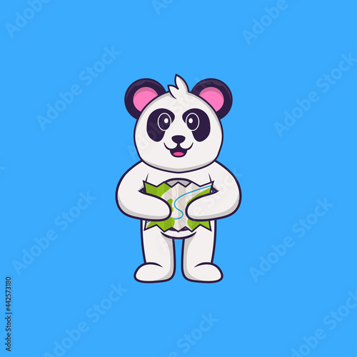 Cute Panda holding a map. Animal cartoon concept isolated. Can used for t-shirt  greeting card  invitation card or mascot. Flat Cartoon Style