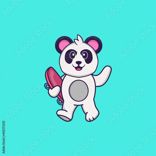Cute Panda holding a skateboard. Animal cartoon concept isolated. Can used for t-shirt  greeting card  invitation card or mascot. Flat Cartoon Style