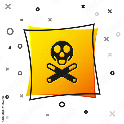 Black Bones and skull as a sign of toxicity warning icon isolated on white background. Yellow square button. Vector