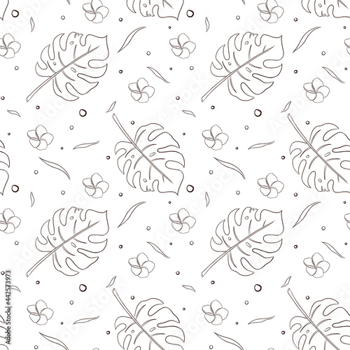 Rainforest Plants Seamless Pattern Line Art. Hand drawn tropical floral ornament for background, backdrop, wallpaper, wrapping paper, package, web, spa and beauty care products, fabric, textile