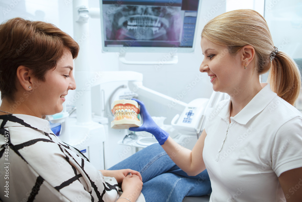Fototapeta premium Cheerful female dentist showing her patient dental model with braces
