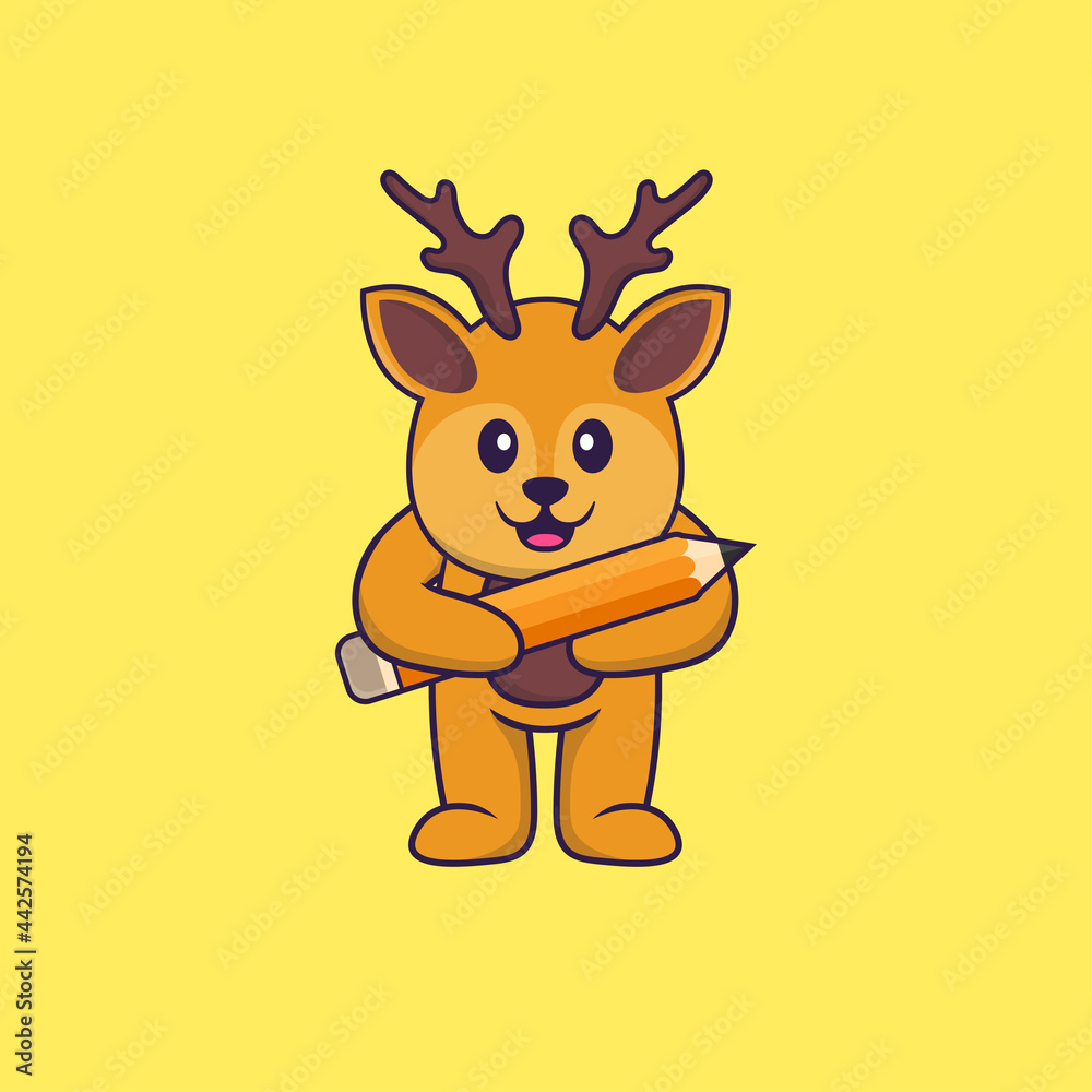Cute deer holding a pencil. Animal cartoon concept isolated. Can used for t-shirt, greeting card, invitation card or mascot. Flat Cartoon Style Cute deer holding a pencil. Animal cartoon concept isolated. Can used for t-shirt, greeting card, invitation card or mascot. Flat Cartoon Style