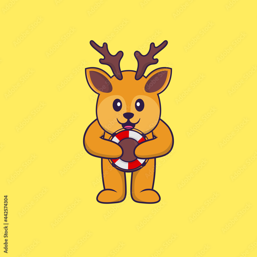 Cute deer holding a buoy. Animal cartoon concept isolated. Can used for t-shirt, greeting card, invitation card or mascot. Flat Cartoon Style Cute deer holding a buoy. Animal cartoon concept isolated. Can used for t-shirt, greeting card, invitation card or mascot. Flat Cartoon Style