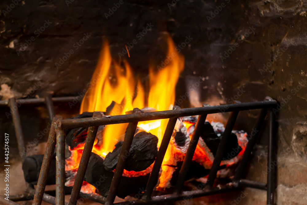 Obraz premium Small iron grill to hold firewood while it is on fire. Llamas to cook organically.