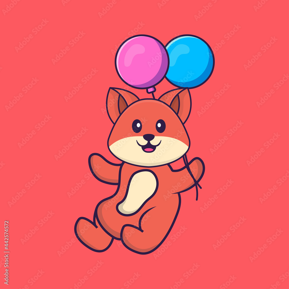 Cute fox flying with two balloons. Animal cartoon concept isolated. Can used for t-shirt, greeting card, invitation card or mascot. Flat Cartoon Style Cute fox flying with two balloons. Animal cartoon concept isolated. Can used for t-shirt, greeting card, invitation card or mascot. Flat Cartoon Style