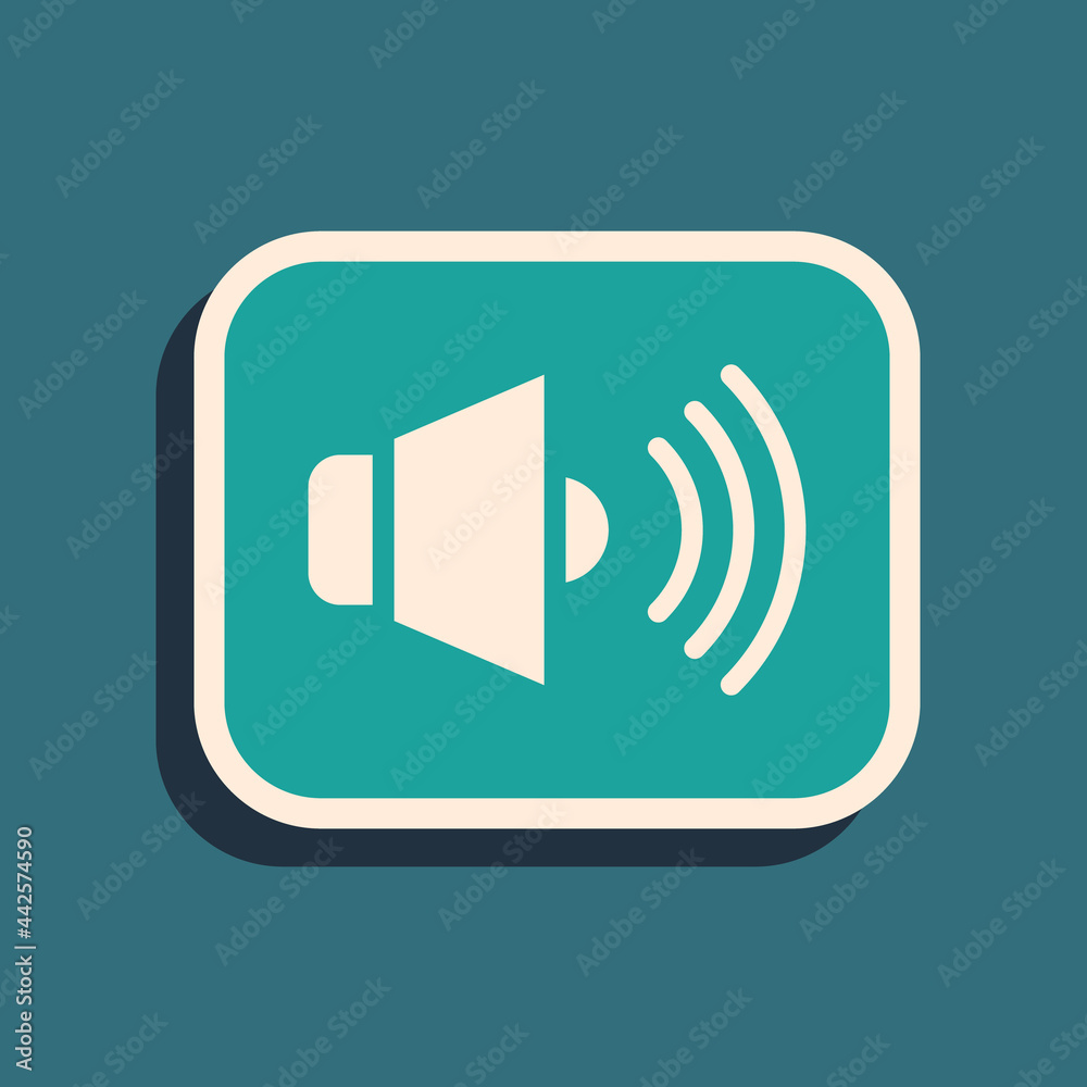 Green Speaker volume, audio voice sound symbol, media music icon isolated on green background. Long shadow style. Vector Green Speaker volume, audio voice sound symbol, media music icon isolated on green background. Long shadow style. Vector