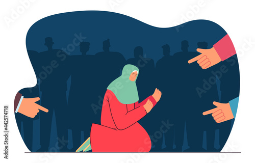 Fingers pointing at begging for charity woman. Society condemning person flat vector illustration. Aggression, attack, bullying concept for banner, website design or landing web page