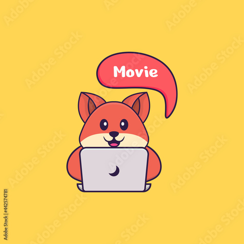 Cute fox is watching a movie. Animal cartoon concept isolated. Can used for t-shirt, greeting card, invitation card or mascot. Flat Cartoon Style