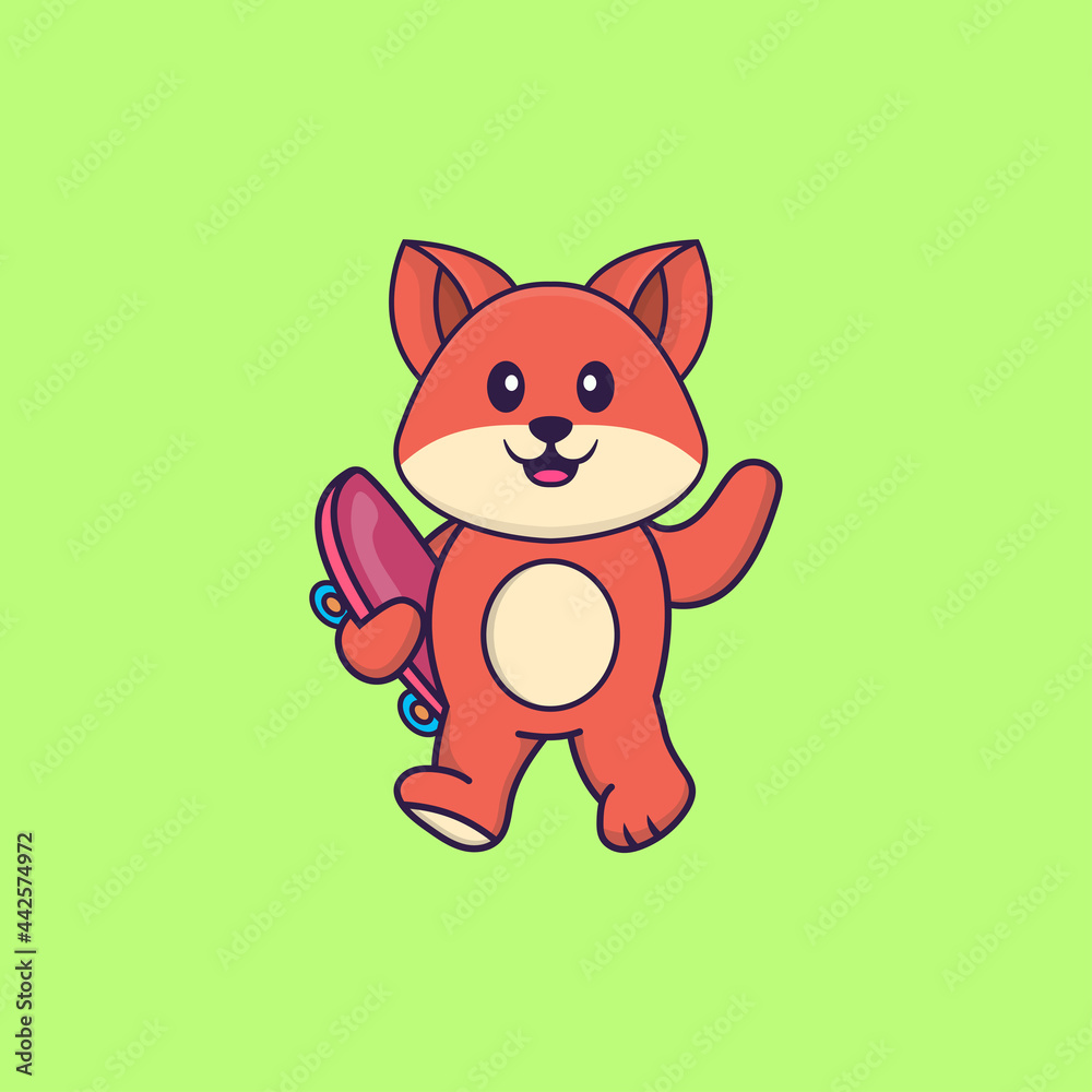 Cute fox holding a skateboard. Animal cartoon concept isolated. Can used for t-shirt, greeting card, invitation card or mascot. Flat Cartoon Style Cute fox holding a skateboard. Animal cartoon concept isolated. Can used for t-shirt, greeting card, invitation card or mascot. Flat Cartoon Style