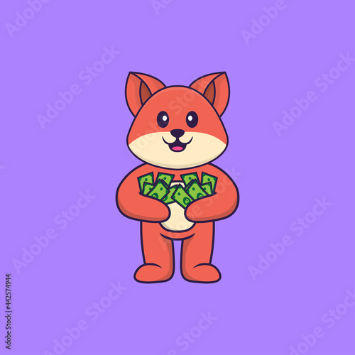 Cute fox holding money. Animal cartoon concept isolated. Can used for t-shirt, greeting card, invitation card or mascot. Flat Cartoon Style