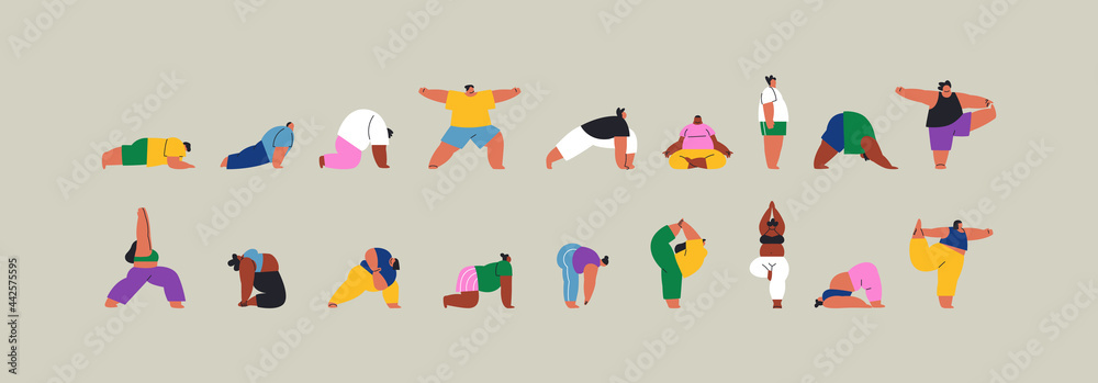Young people yoga pose cartoon set isolated