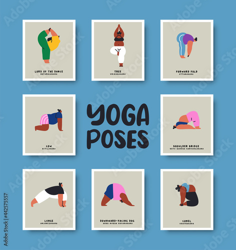 Yoga pose funny people cartoon position set