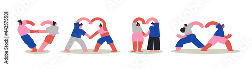 Cartoon people couple love yoga pose set isolated