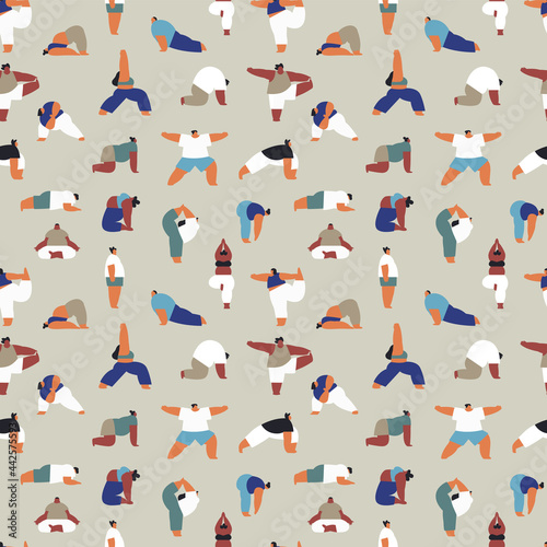 Fototapeta Naklejka Na Ścianę i Meble -  Diverse people yoga pose seamless pattern cartoon