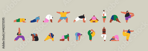 Young people yoga pose cartoon set isolated