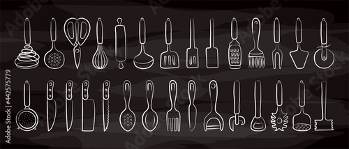Kitchenware sketch set on chalkboard. Doodle black line vector kitchen utensils, tools and cutlery. Whisk, ladle and spatula. Sieve, knife, spoon, peeler and opener. Chalk on blackboard