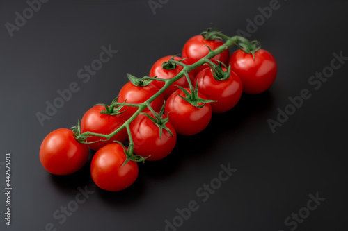 Cherry tomatoes and rosemary on a black background. Fresh tomato branch. Vegetarian food. © Konstiantyn Zapylaie